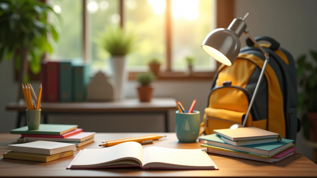 Školní potřeby rozložené na stole — sešity, tužky, batoh a učebnice