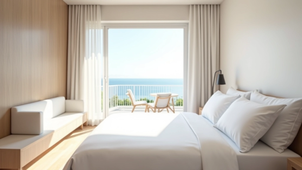 Moderní hotel pokoj s výhledem na moře a otevřeným balkonem v letní sezóně