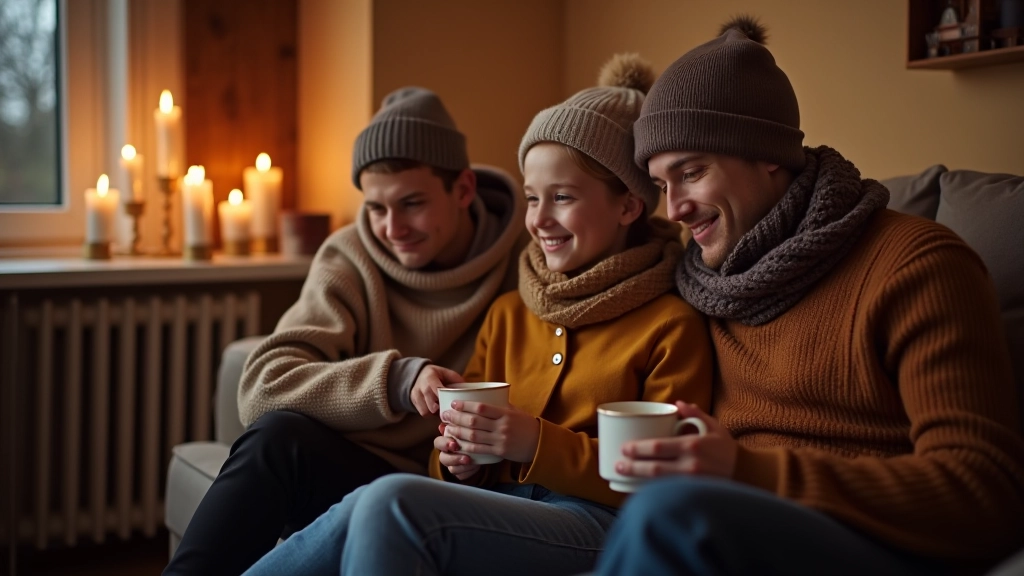 Rodina sedí v teple u radiátoru s šálkem čaje během zimy