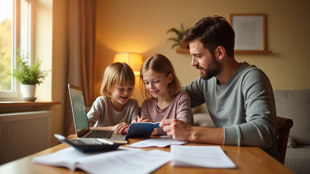 Rodina plánuje rozpočet na domácím stole s notebookem a kalkulačkou