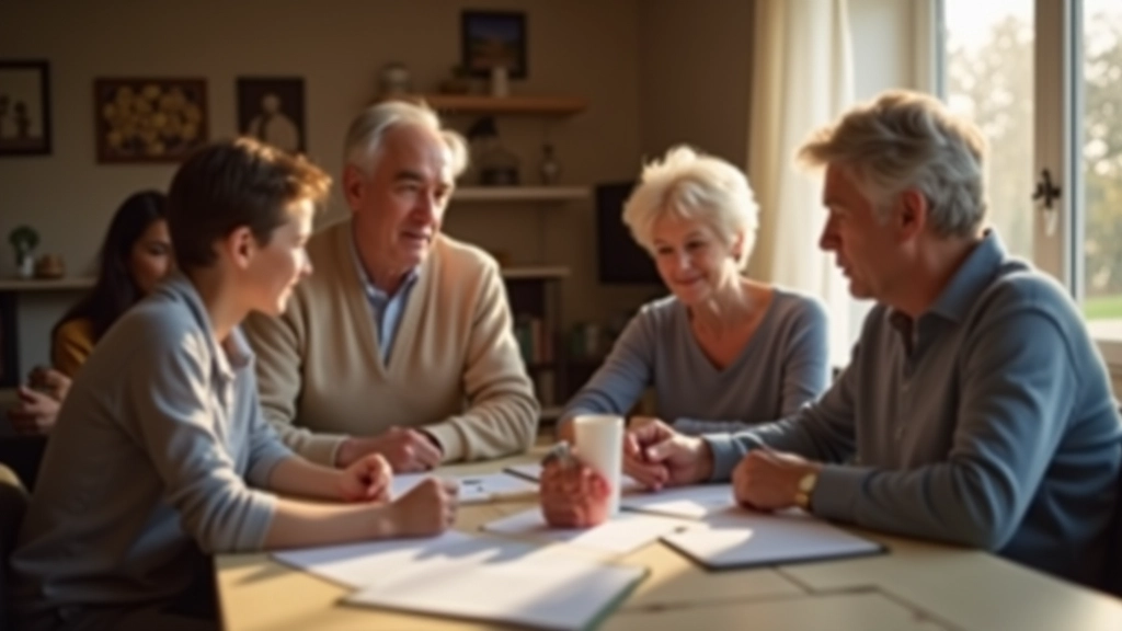 Rodina diskutuje o rozpočtu v obývacím pokoji s teplým osvětlením