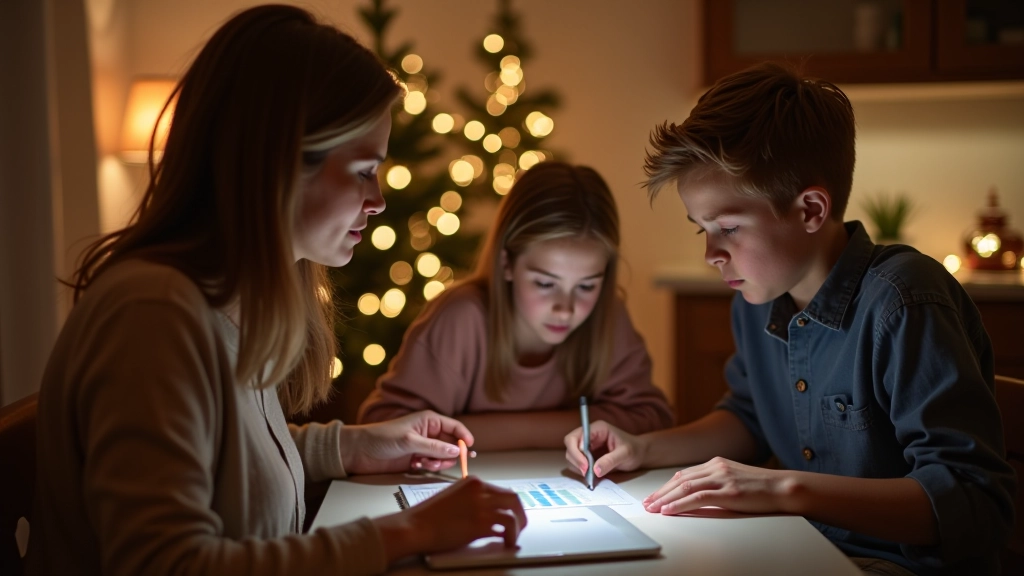 Rodina sedí u stolu s notebookem a rozpočtem, teplé domácí osvětlení, vánoční dekorace v pozadí