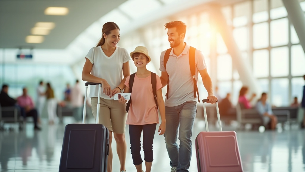 Rodina se zavazadly před letadlem připravená na letní dovolenou