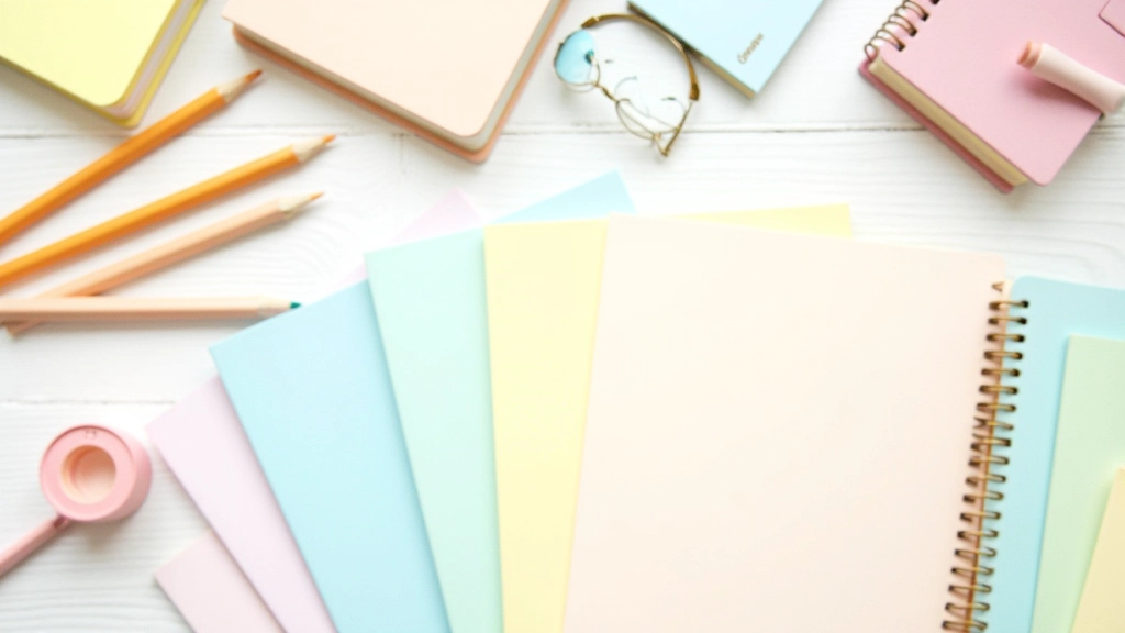 Barevné sešity a tužky srovnané v řadě na bílém stole