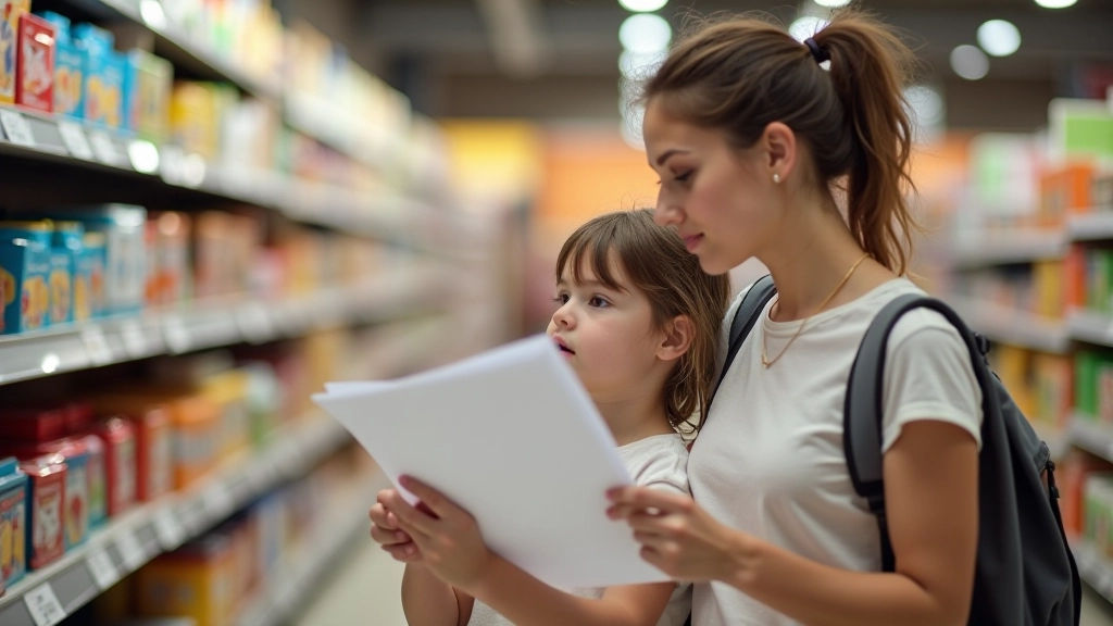 Matka s dítětem nakupují školní potřeby v obchodě s seznamem v ruce