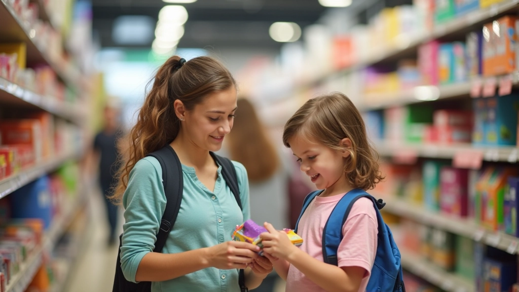 Matka a děti prohlížejí obchod se školními pomůckami a vybírají si potřeby