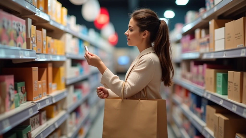 Člověk prohlíží levné položky v obchodě během výprodeje, držení zlevněné tašky, interiér obchodu s výprodejními cedulemi