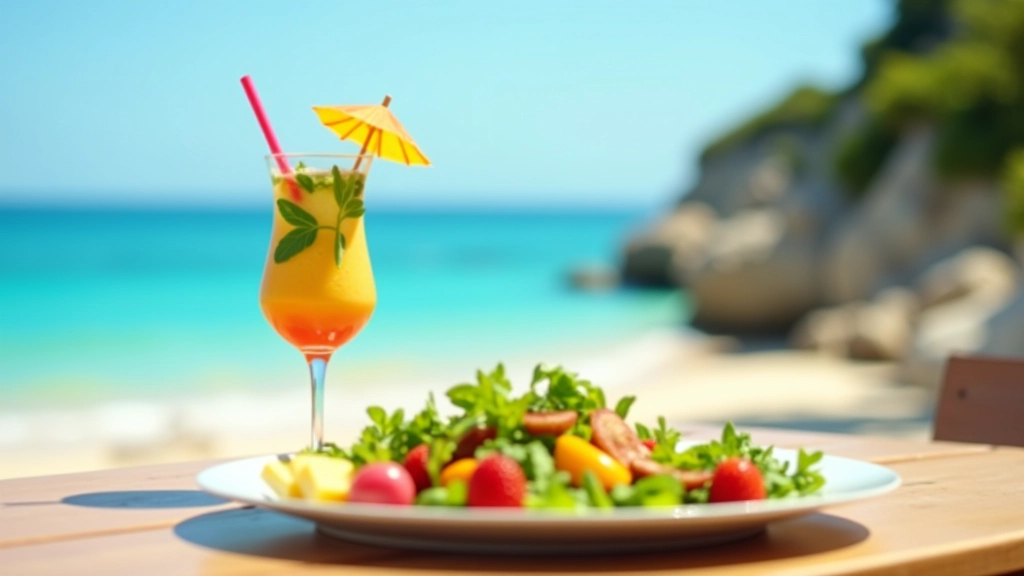 Koktejl a jídlo na dřevěném stole s výhledem na moře v létě