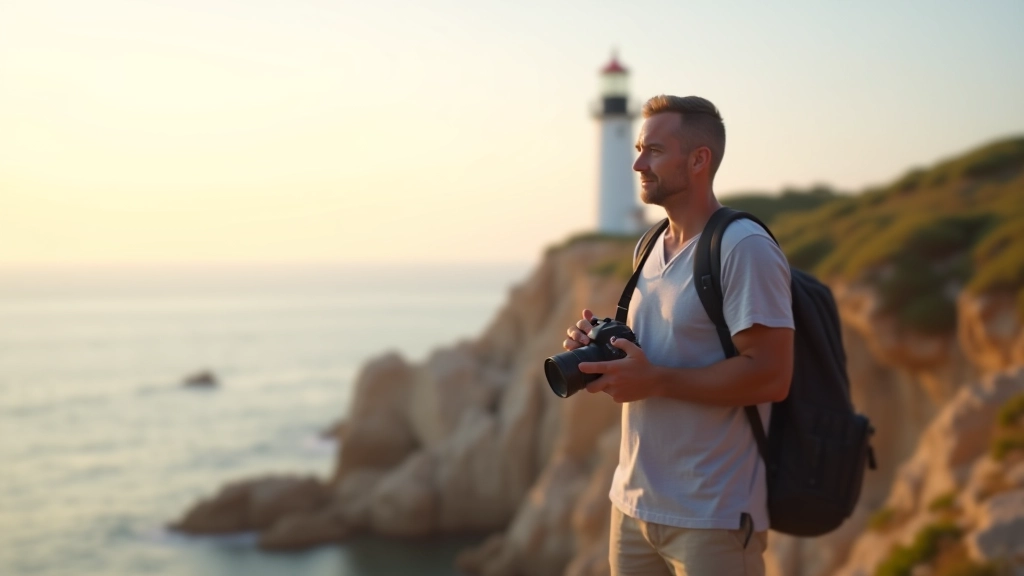Turista fotografuje maják na skalistém břehu během letní dovolené