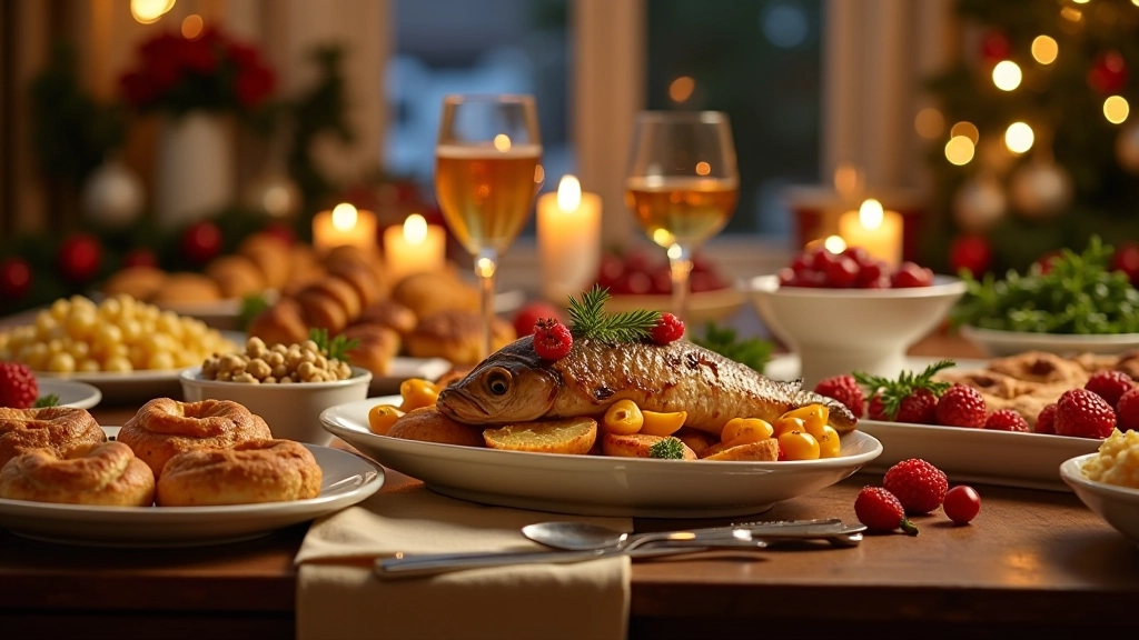 Tradiční česká vánoční jídla na stole — kapoun, bramborový salát, syrečky a různé cukroví, přirozené osvětlení