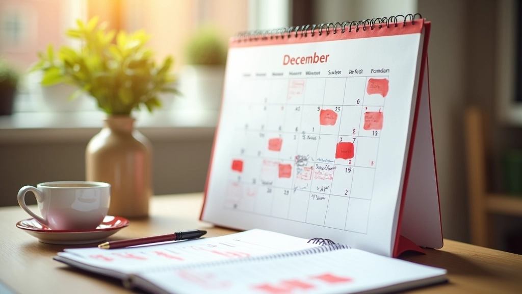Ženský kalendář visí na zdi s poznámkami a datumy označenými červeně, plánování na papíře s tužkou a šálkem čaje