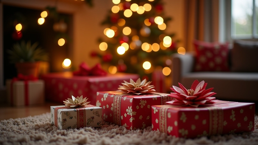 Vánoční dárky zabalené v barevném balícím papíru pod vánočním stromkem